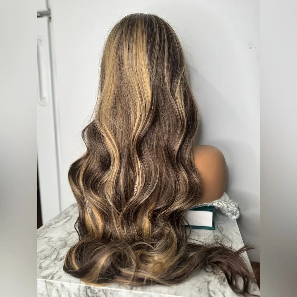 Long Layered Brunette Wig with Honey Blonde Highlights | Soft Waves